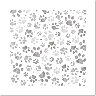 Doodle grey paw prints seamless Posters and Art